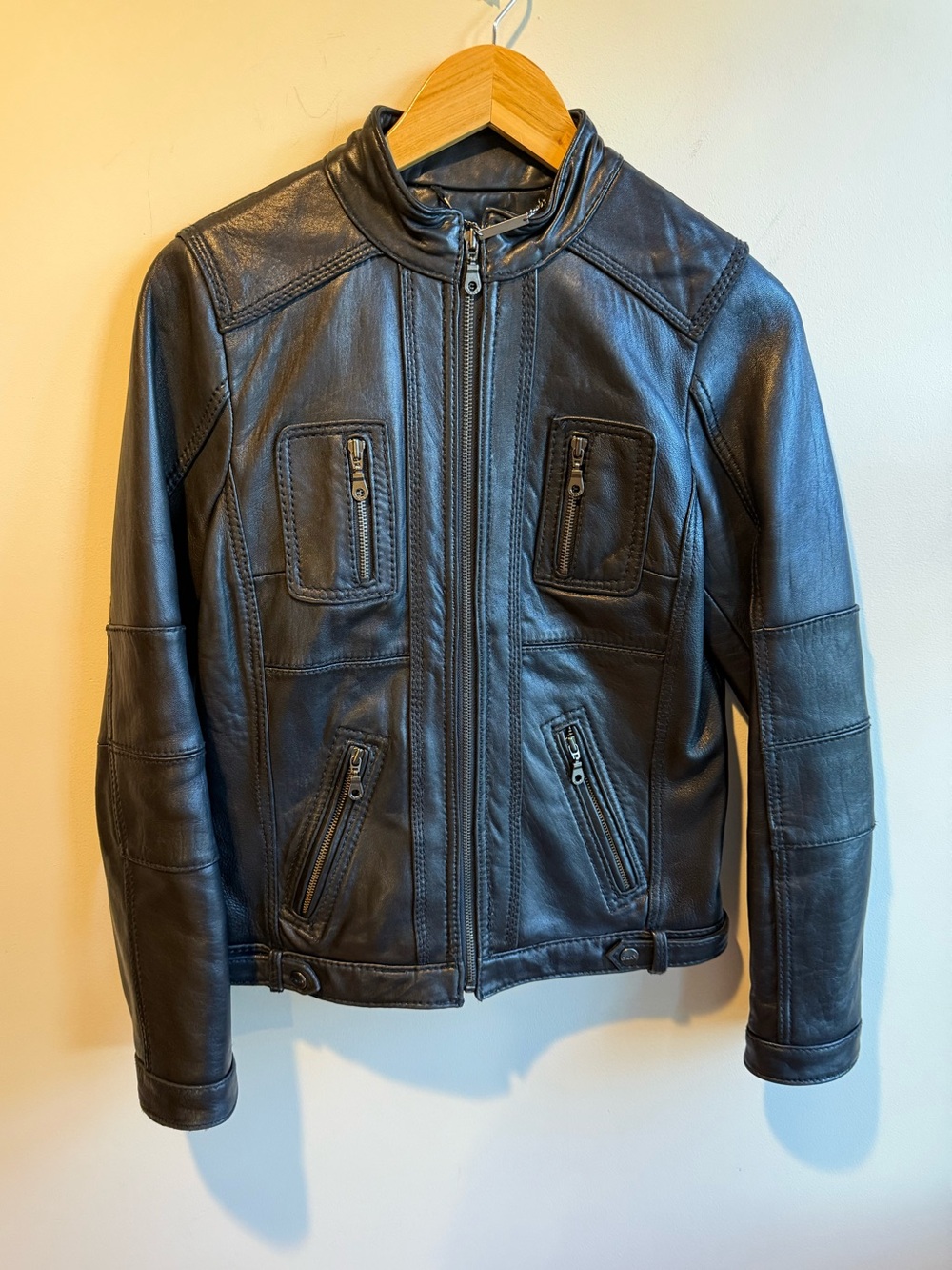 DKNY Black Leather Moto Jacket, size medium